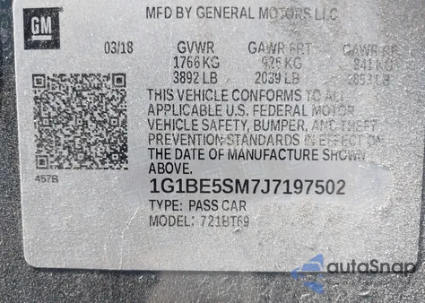 2018 Chevrolet Cruze Lt Auto z USA, uszkodzony, nr VIN 1G1BE5SM7J7197502